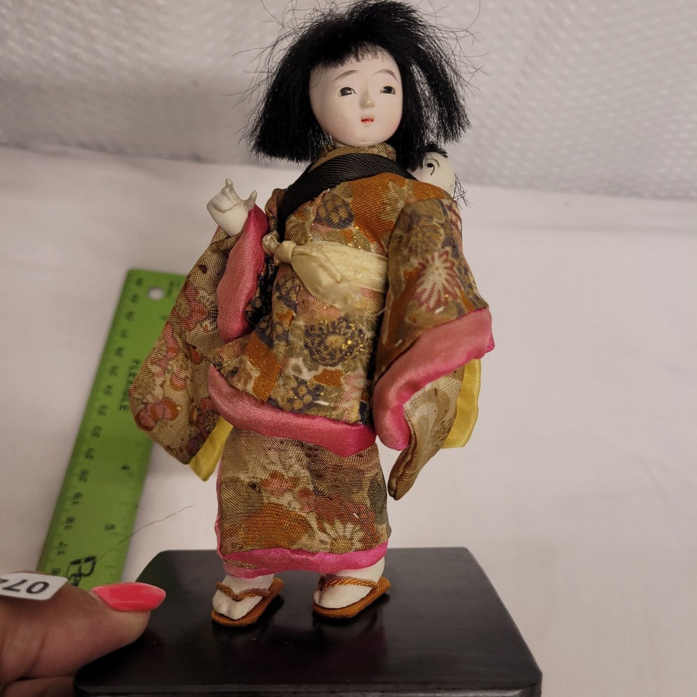 Vintage Japanese Geisha Doll with Baby Kimono Figurine Handcrafted 7.5 Inch
